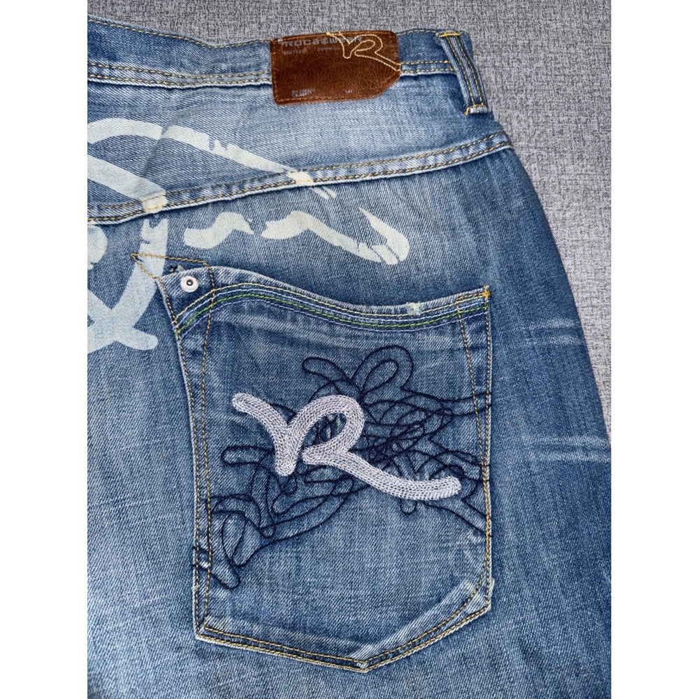 Excellent Rocawear 42 Jeans Blue Embroidered Y2K Baggy Hip Hop Streetwear Denim